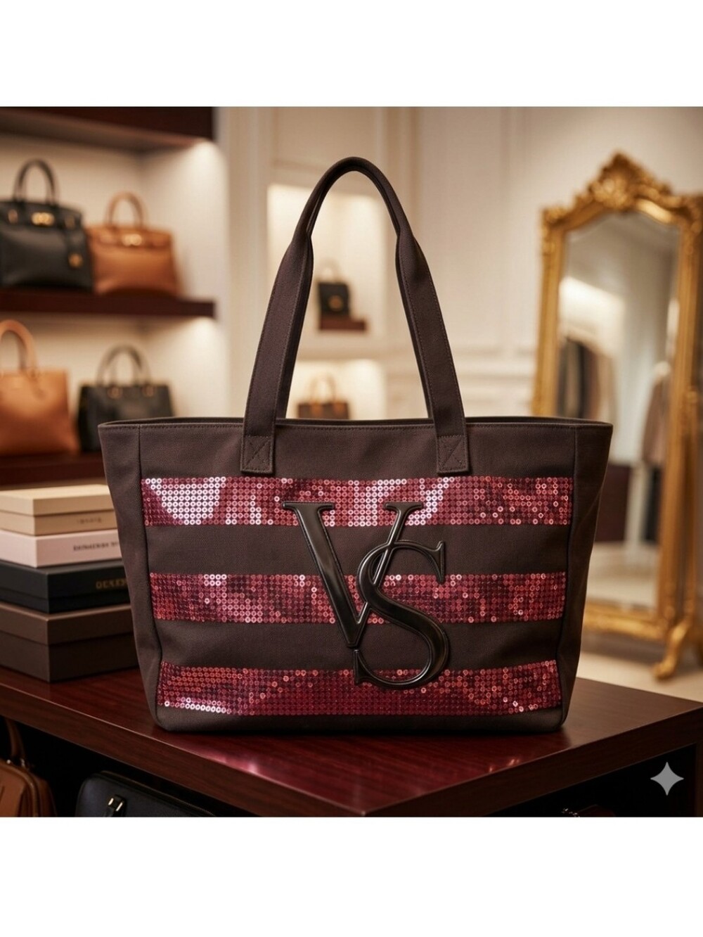 Victoria’s Secret Large Black Canvas Fuchsia Hot Pink Sequin Travel Tote Bag